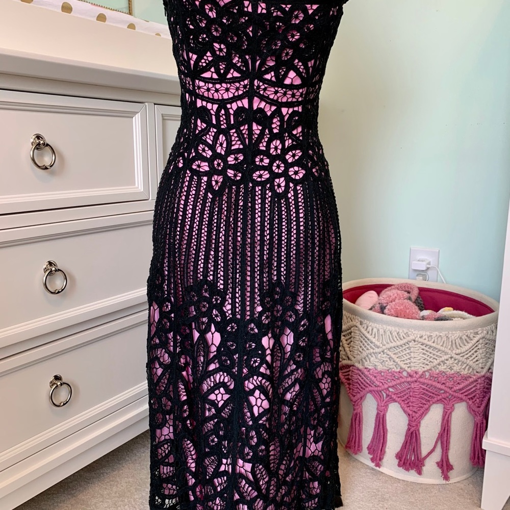 RARE Vintage Betsey Johnson NY Black Crochet Over Pink Spaghetti Strap Dress 4 - Picture 3 of 6